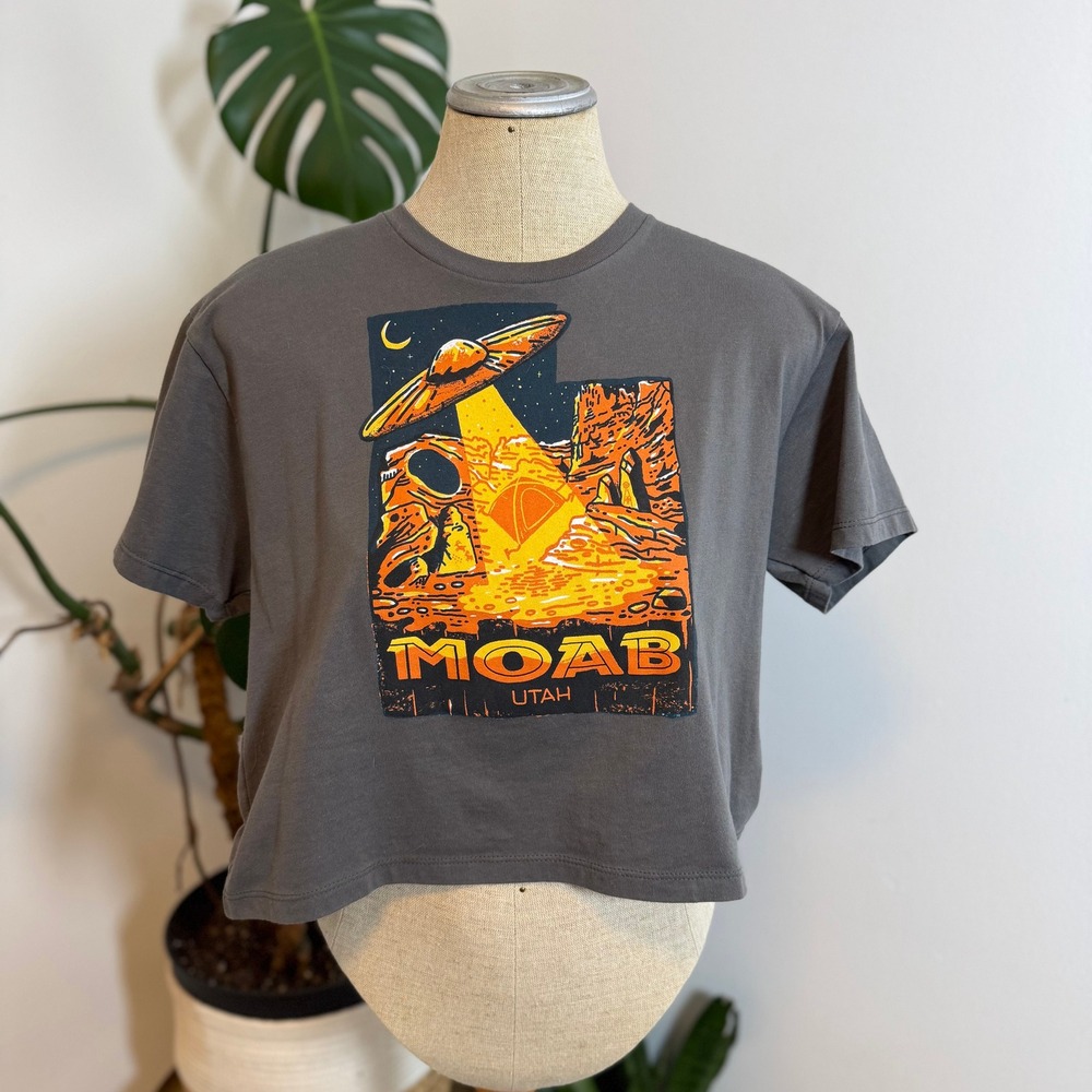 Next Level Moab Utah Graphic Tee Womens Large‎ Gray UFO Desert Crop Top Souvenir